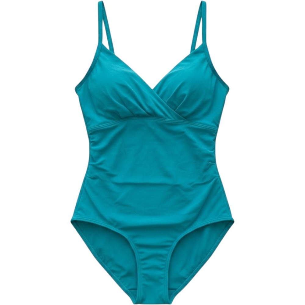 Jantzen Classic Womens Teal Blue Surplice V-Neck Ruched One Piece Swimsuit 14